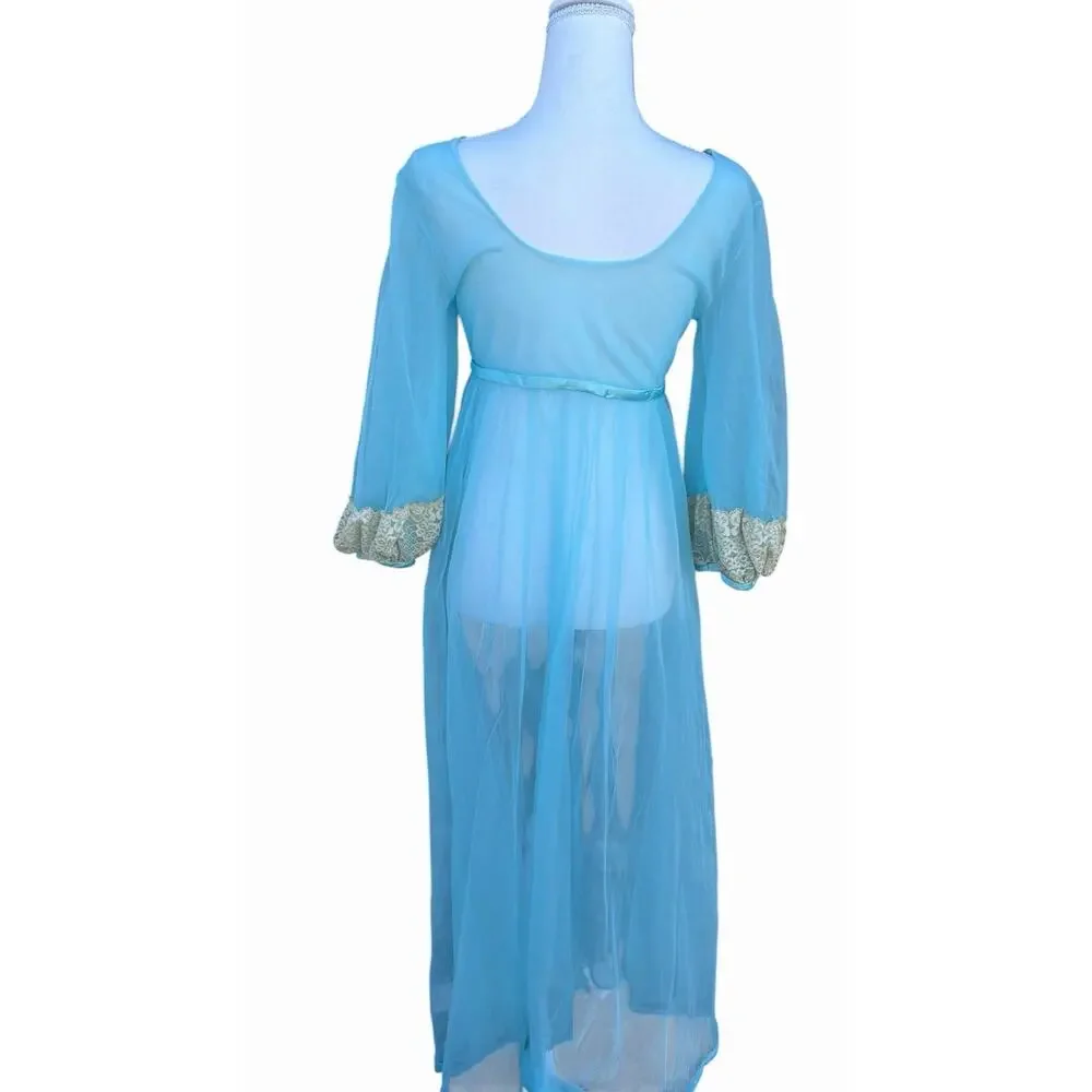 Vintage 1960s Blue Nylon Peignoir Robe With Chantilly Lace Juliette Style